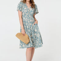 Abstract Print Shirred Knee Length Dress