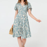 Abstract Print Shirred Knee Length Dress