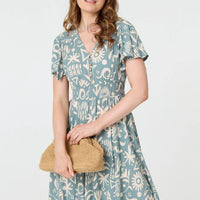 Abstract Print Shirred Knee Length Dress