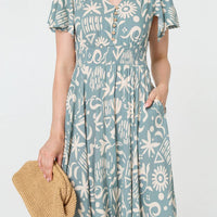 Abstract Print Shirred Knee Length Dress
