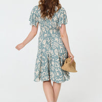 Abstract Print Shirred Knee Length Dress