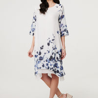 Floral 3/4 Sleeve Layered Hem Midi Dress