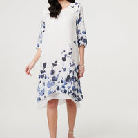 Floral 3/4 Sleeve Layered Hem Midi Dress
