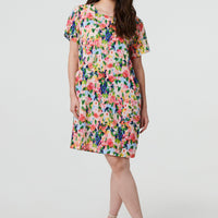Floral Short Sleeve Shift Short Dress
