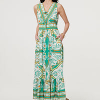 Printed Sleeveless Tie Empire Maxi Dress