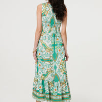 Printed Sleeveless Tie Empire Maxi Dress