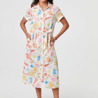 Abstract Tie Waist Midi Shirt Dress