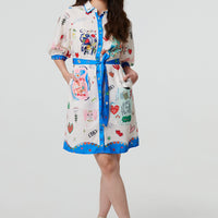 Abstract Tie Waist 3/4 Sleeve Shirt Mini Dress