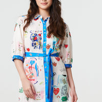 Abstract Tie Waist 3/4 Sleeve Shirt Mini Dress