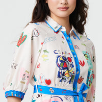 Abstract Tie Waist 3/4 Sleeve Shirt Mini Dress