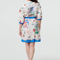 Abstract Tie Waist 3/4 Sleeve Shirt Mini Dress