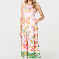 Paisley Print Tie Strap Sleeveless Midi Dress