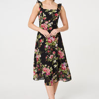 Floral Frill Sleeveless A-Line Midi Dress