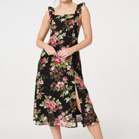 Floral Frill Sleeveless A-Line Midi Dress