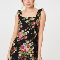 Floral Frill Sleeveless A-Line Midi Dress
