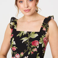 Floral Frill Sleeveless A-Line Midi Dress