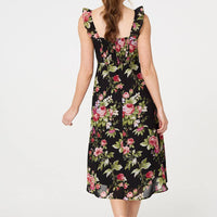 Floral Frill Sleeveless A-Line Midi Dress
