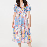 Abstract Ruched Front Empire Midi Dress