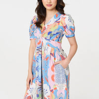 Abstract Ruched Front Empire Midi Dress