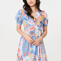 Abstract Ruched Front Empire Midi Dress