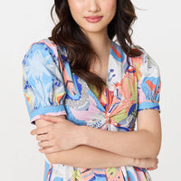 Abstract Ruched Front Empire Midi Dress