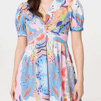 Abstract Ruched Front Empire Midi Dress