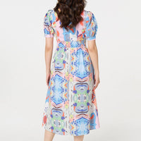 Abstract Ruched Front Empire Midi Dress