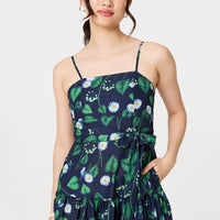 Floral Sleeveless Tie Waist Midi Dress