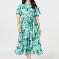 Leaf Print Tie Waist Pleated Midi Dress