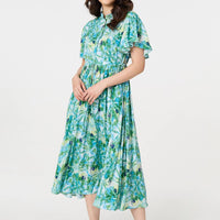 Leaf Print Tie Waist Pleated Midi Dress
