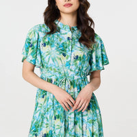 Leaf Print Tie Waist Pleated Midi Dress