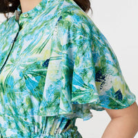 Leaf Print Tie Waist Pleated Midi Dress