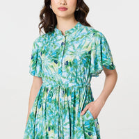 Leaf Print Tie Waist Pleated Midi Dress