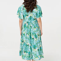 Leaf Print Tie Waist Pleated Midi Dress