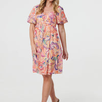 Abstract Ruched Empire Knee Length Dress