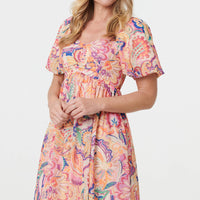 Abstract Ruched Empire Knee Length Dress