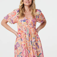 Abstract Ruched Empire Knee Length Dress