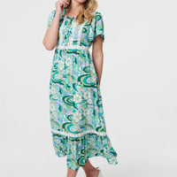 Abstract Lace Trim Tie Neck Midi Dress