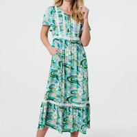 Abstract Lace Trim Tie Neck Midi Dress