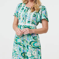 Abstract Lace Trim Tie Neck Midi Dress