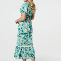 Abstract Lace Trim Tie Neck Midi Dress
