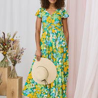 Floral Ruched Cap Sleeve Maxi Dress