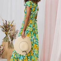 Floral Ruched Cap Sleeve Maxi Dress