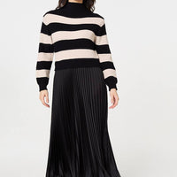 Striped High Neck Pleat Knit Maxi Dress