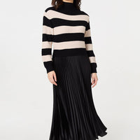 Striped High Neck Pleat Knit Maxi Dress