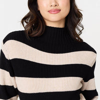 Striped High Neck Pleat Knit Maxi Dress
