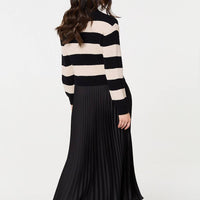 Striped High Neck Pleat Knit Maxi Dress