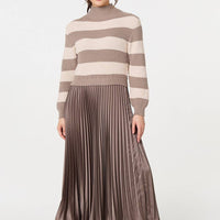 Striped High Neck Pleat Knit Maxi Dress
