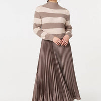 Striped High Neck Pleat Knit Maxi Dress