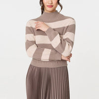 Striped High Neck Pleat Knit Maxi Dress